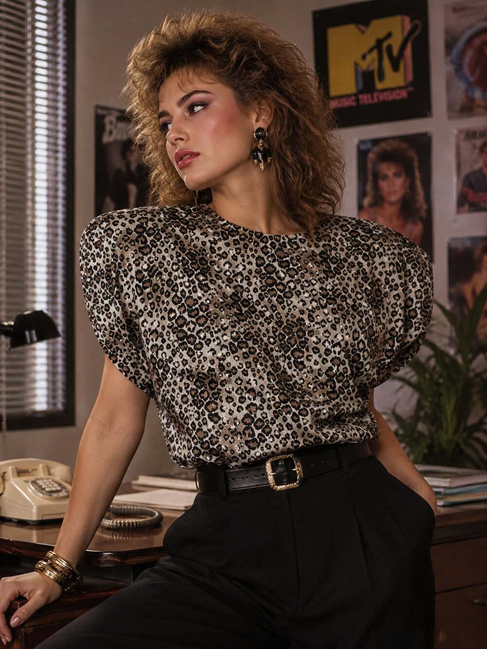 Leopard Print Vintage Batwing Sleeve Satin Shell Blouse Sz.XL